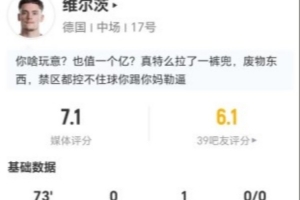 维尔茨此役贡献1次助攻2次关键传球，射门3次无进球，过人5次成功，夺回球权4次，得分7.1分