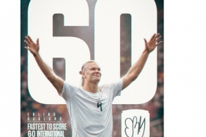 哈兰德社媒分享海报庆祝国家队60球,53次出场成就