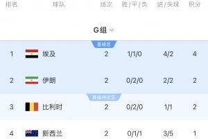 G组积分排名：埃及积4分居首，伊朗、比利时同积2分，新西兰排名最后