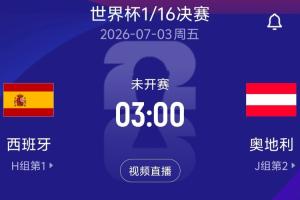 1/16决赛对决：H1西班牙迎战J2奥地利！7月3日北京时间3:00比赛开始