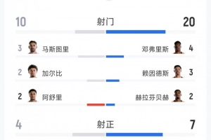 荷兰与突尼斯比赛全场数据：射门比20-10，射正比7-4，得分机会比2-3