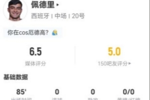 佩德里本场比赛1射0中+贡献1次关键传球 4次对抗1次成功+10次丢球权 得分6.5分